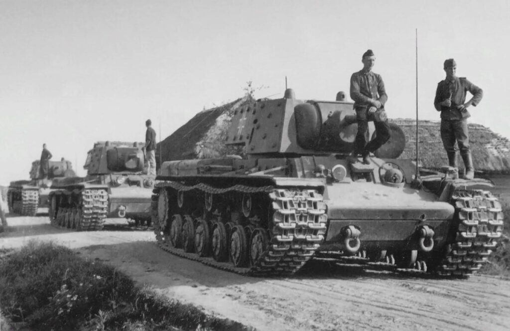 Captured Soviet KV-1E heavy tanks from the 8th Panzer Division of the Wehrmacht.