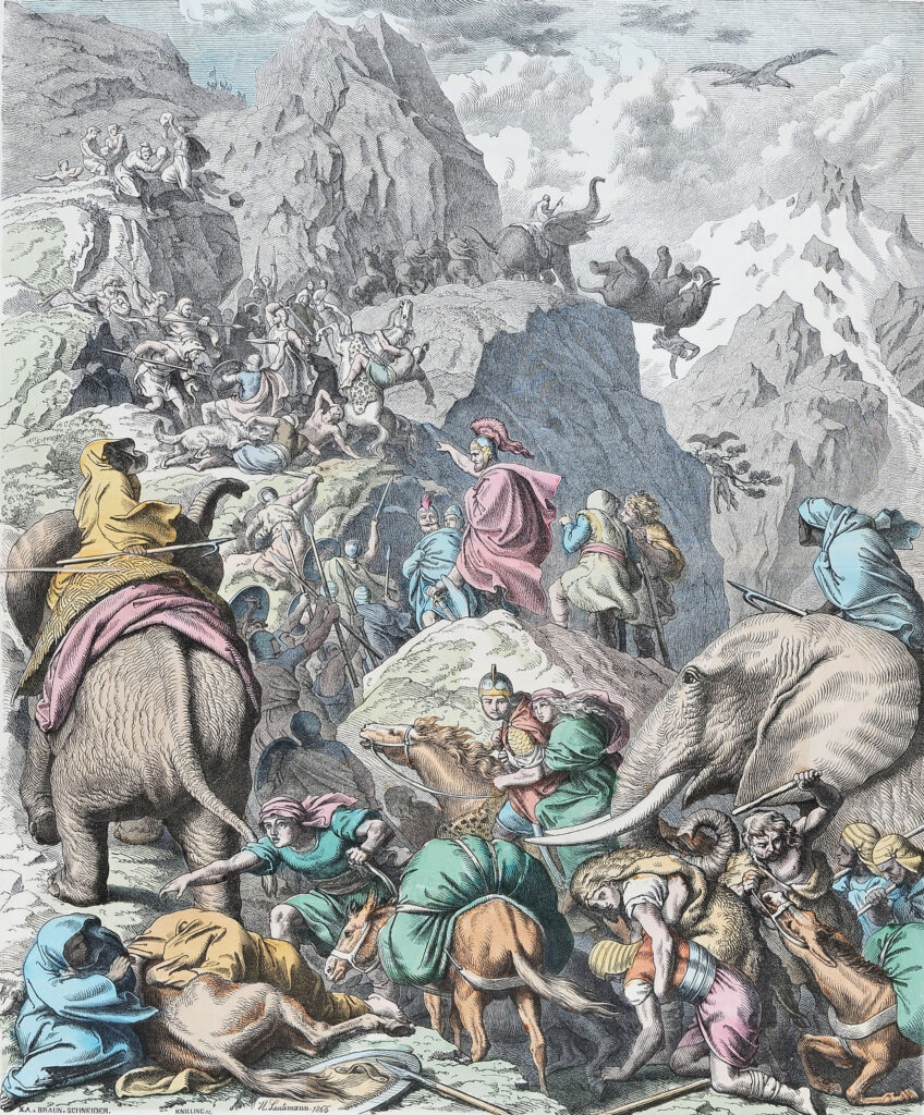 An 1866 illustration of Hannibal and his army crossing the Alps, by Heinrich Leutemann