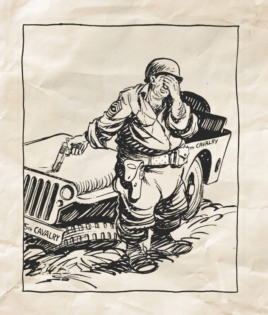 In one of Stars and Stripes enlisted cartoonist Bill Mauldin’s most celebrated cartoons a veteran first sergeant of a U.S. cavalry unit tearfully “dispatches” his crippled mount. (Bill Mauldin Estate, LLC)
