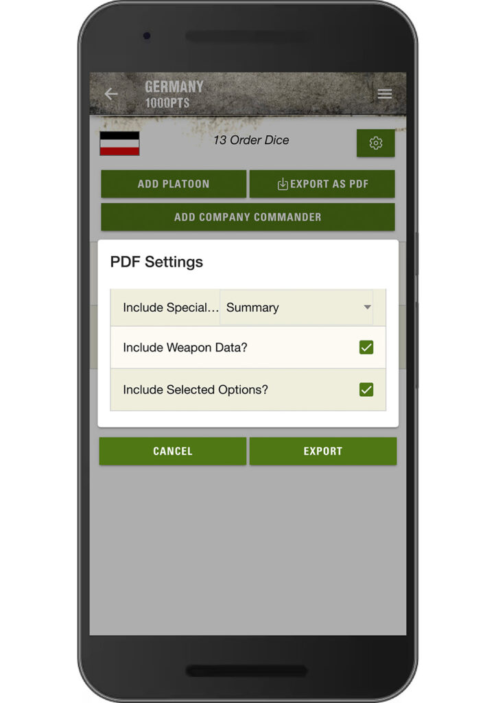 Warlord Games App; Sharing, Export & PDF Function