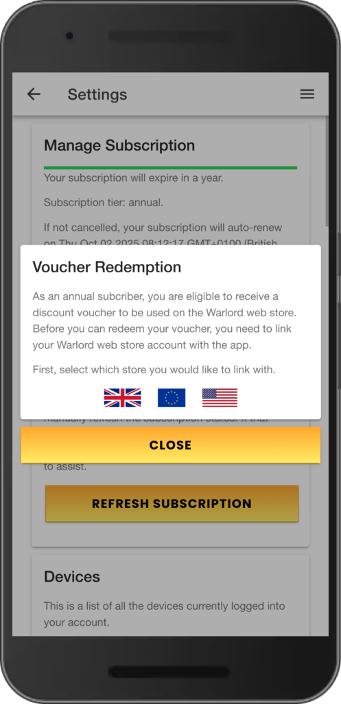 Warlord Games App – Annual Subscribers Voucher Redemption