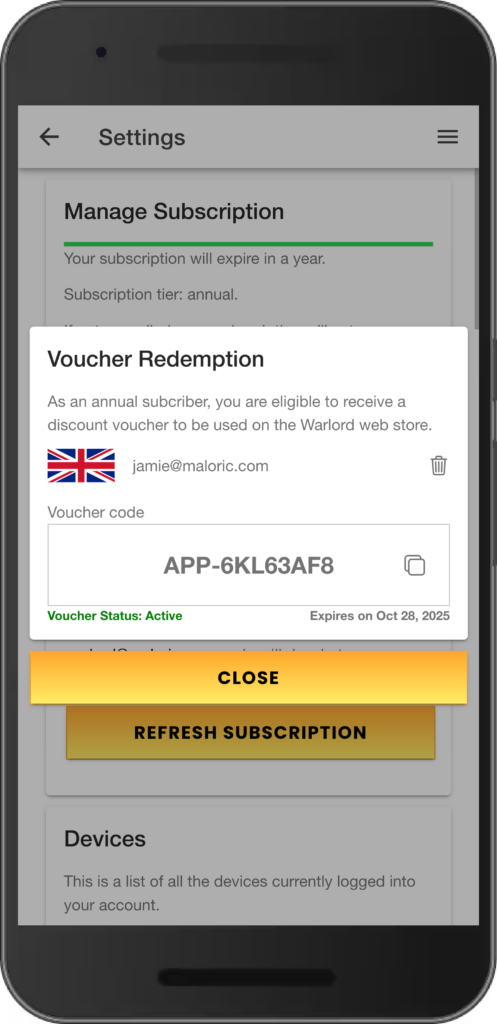 Warlord Games App – Annual Subscribers Voucher Redemption