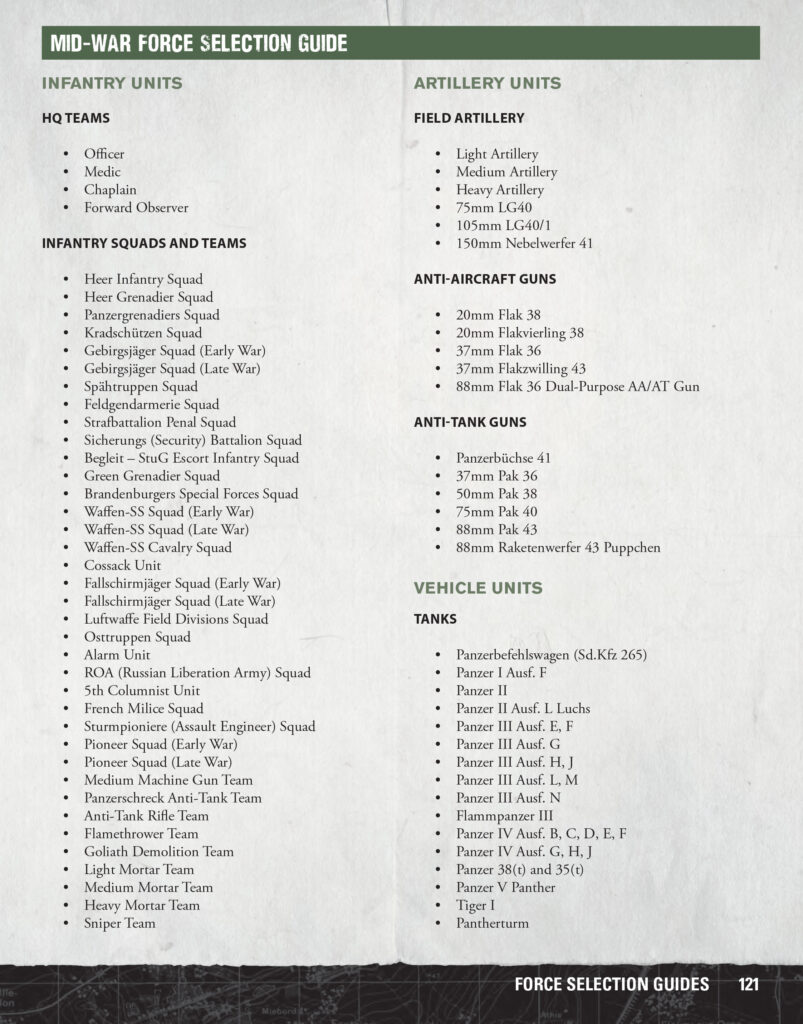 Bolt Action Armies of Germany: Third Edition - Mid-War Force Selection Guide (Page One)