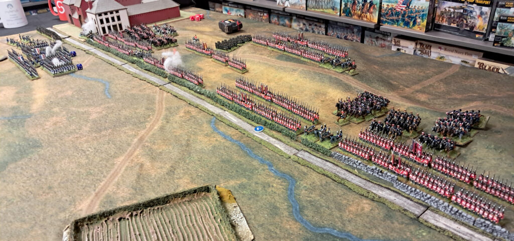 Black Powder Epic Battles: The Waterloo Campaign by Warlord Games - Battle Report: Though bombarded by La Grande Batterie, the British redcoats hold firm. 