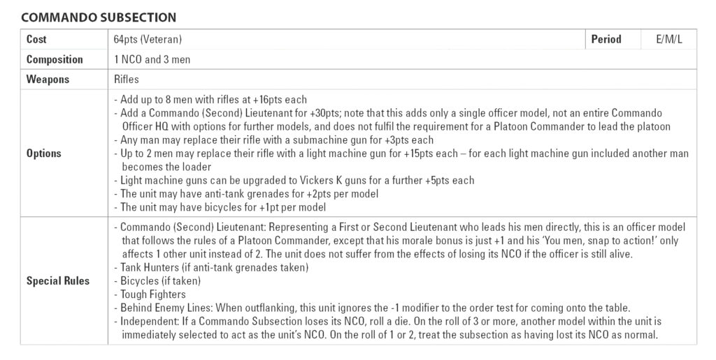 Rules for the British Commando Subsection in Bolt Action