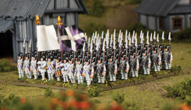 Warlord Games Epic Battles: Revolution! infantry, painted as French Seven Years' War troops.